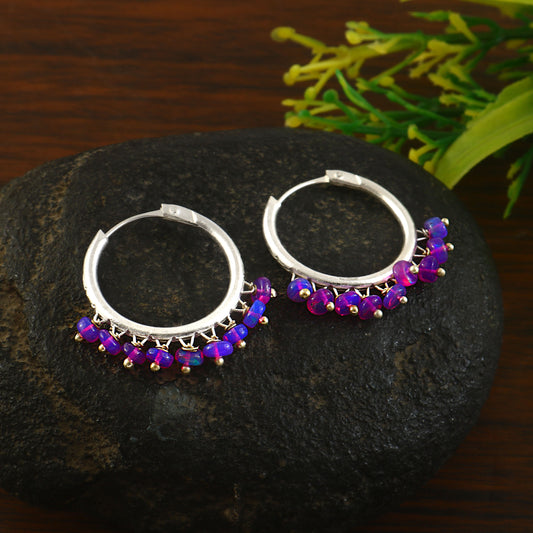 Handmade Silver Hoop Earrings with Purple Opal Beads ,Boho Dangle Hoop Earrings , Artisan Gemstone Jewelry