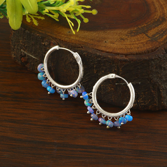 Natural Ethiopian Blue Opal Handmade Silver Hoop Earrings .