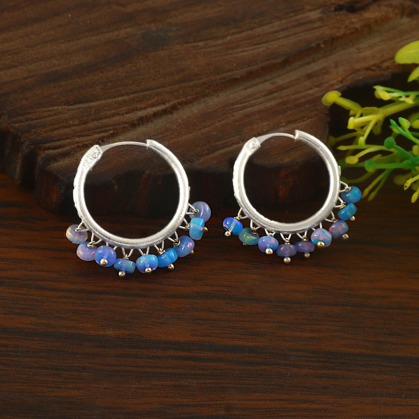 Natural Ethiopian Blue Opal Handmade Silver Hoop Earrings .