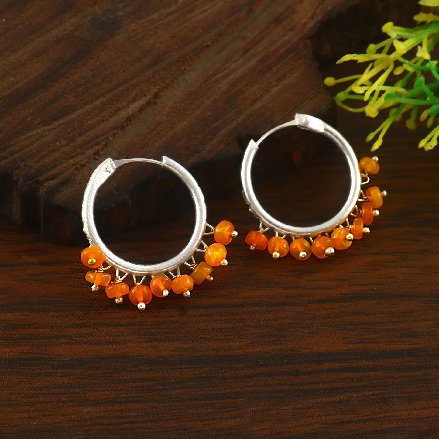 Natural Orange Fire Opal Hoop Earrings