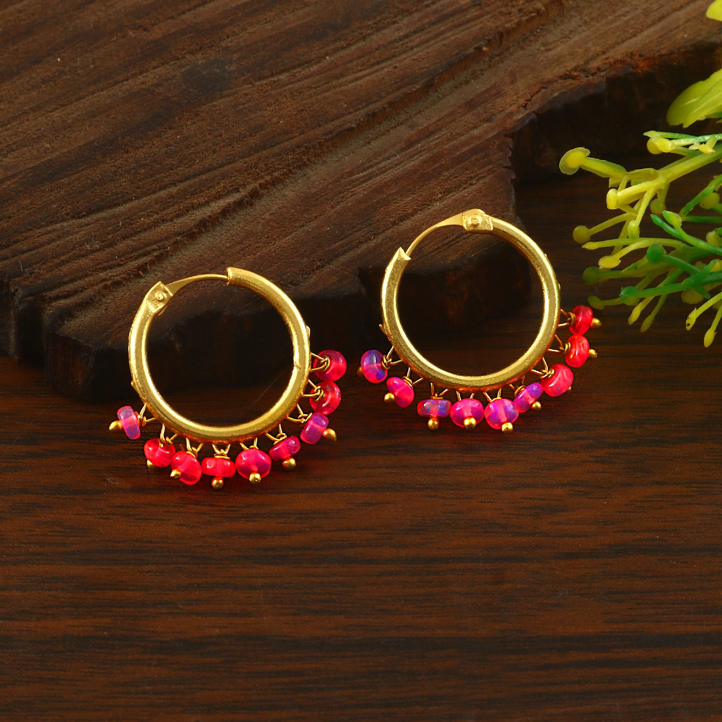 Natural Pink Opal Earring, 925 Sterling Silver & Gold Vermeil, Minimalist Statement, Artisan Dangle Hoops.