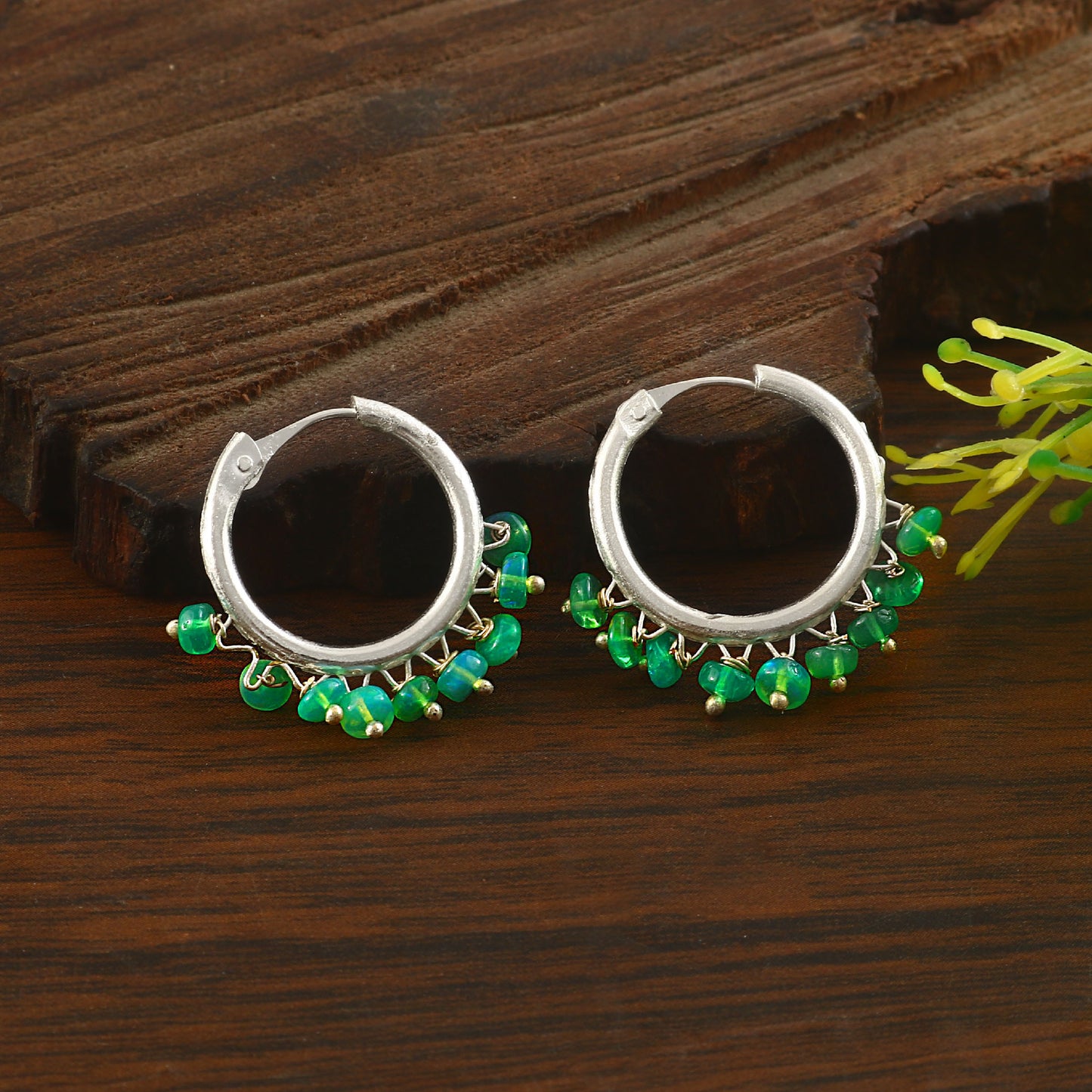 Natural Green Opal Hoop Earrings