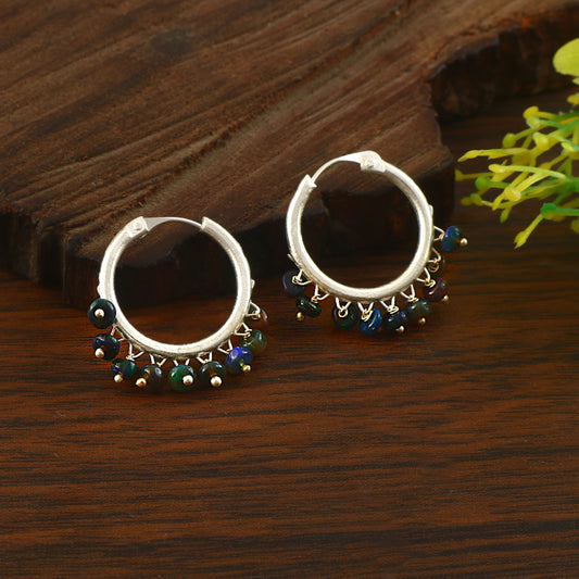 Silver Boho Beaded Hoop Earrings with Black Fire Opal Charms | Festive Dangle Hoops