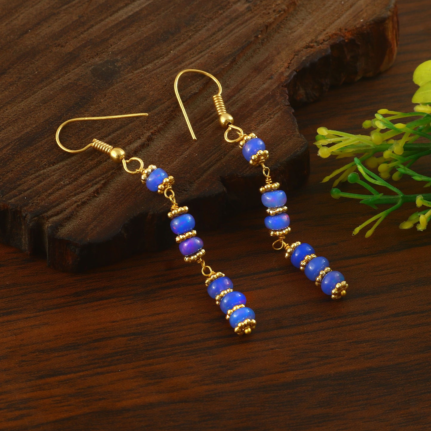 Handmade Blue Opal Dangle Earrings - Gold-Tone Beaded Jewelry