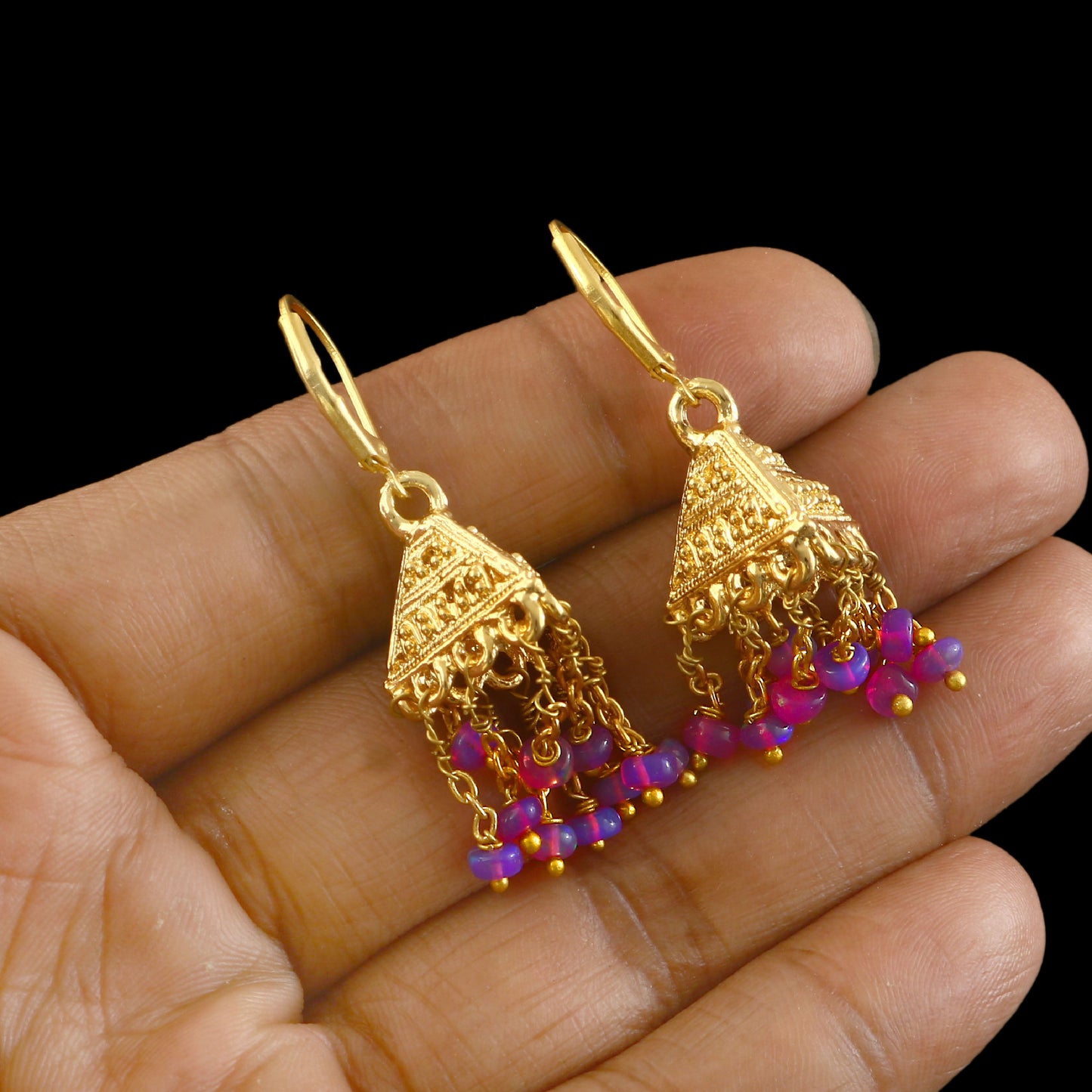 Handmade Natural Purple Opal Beads Earrings, (Gold) Tribal Dangle Styele