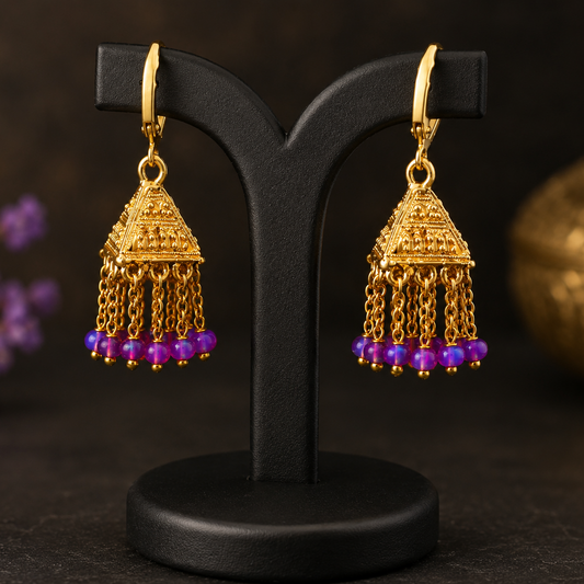 Handmade Natural Purple Opal Beads Earrings, (Gold) Tribal Dangle Styele