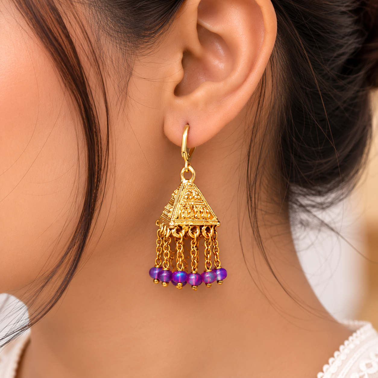Handmade Natural Purple Opal Beads Earrings, (Gold) Tribal Dangle Styele