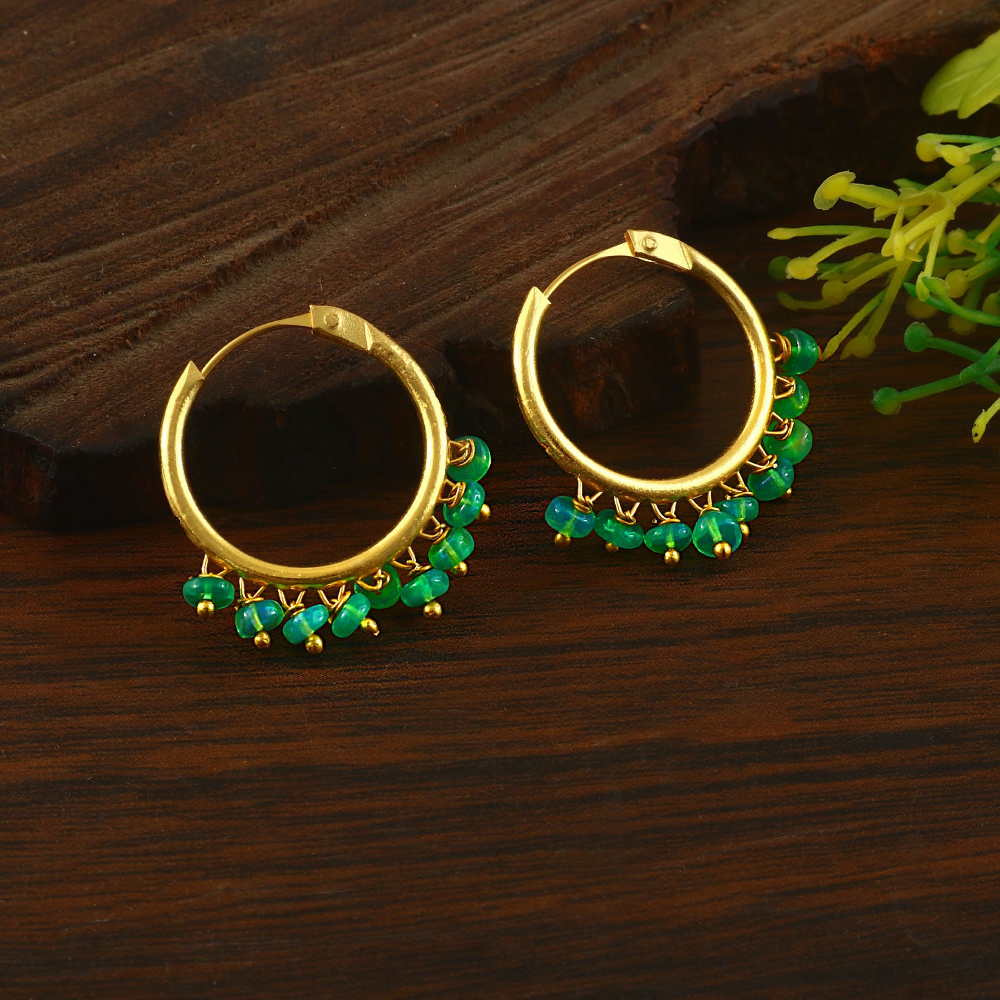 Natural Green Opal Gemstone Bead Drop Hoop Earrings – Handmade Jewelry