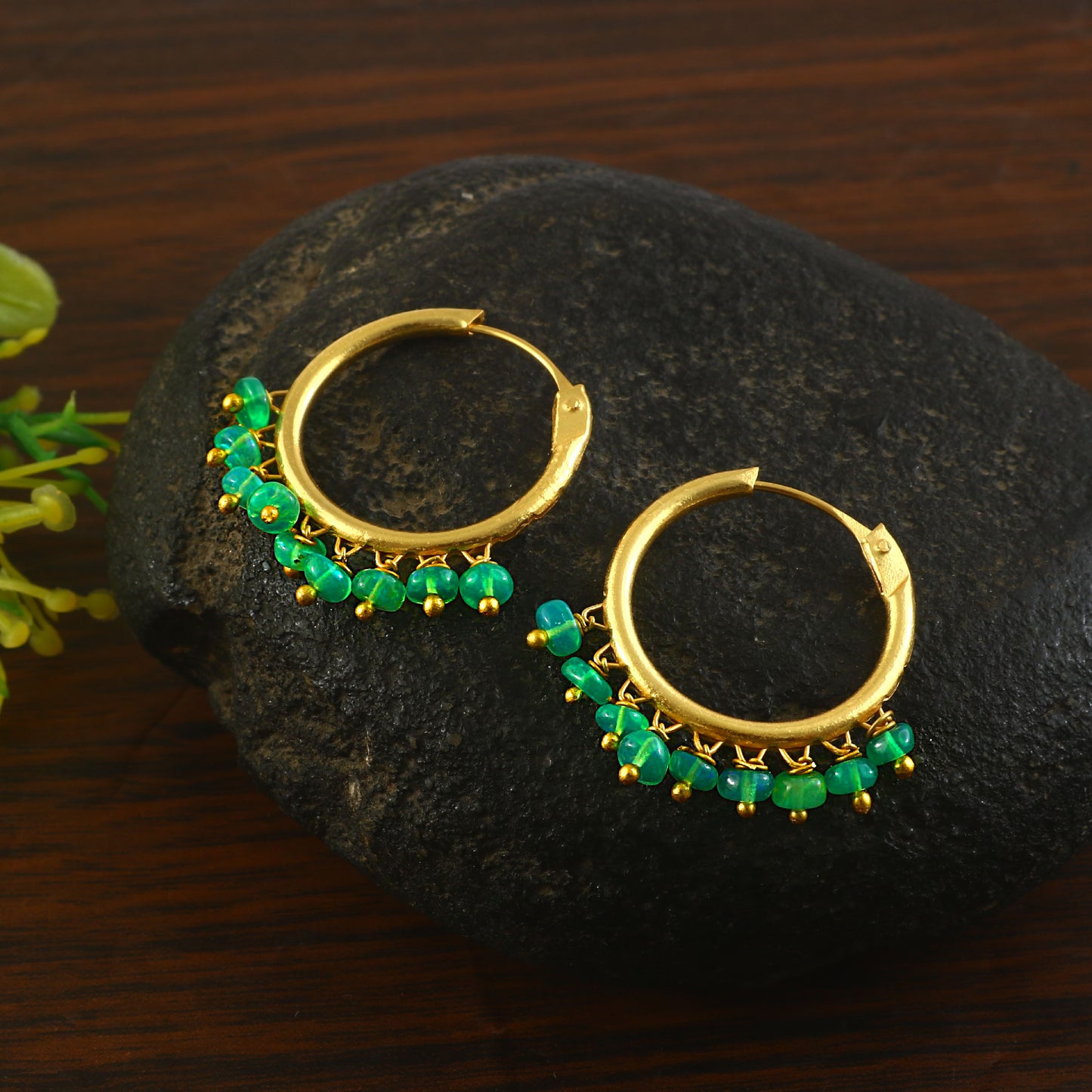 Natural Green Opal Gemstone Bead Drop Hoop Earrings – Handmade Jewelry