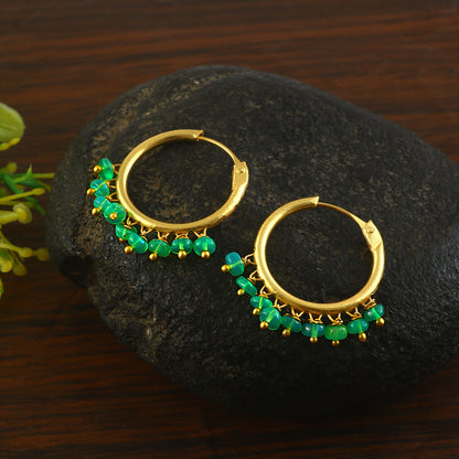 Natural Green Opal Gemstone Bead Drop Hoop Earrings – Handmade Jewelry