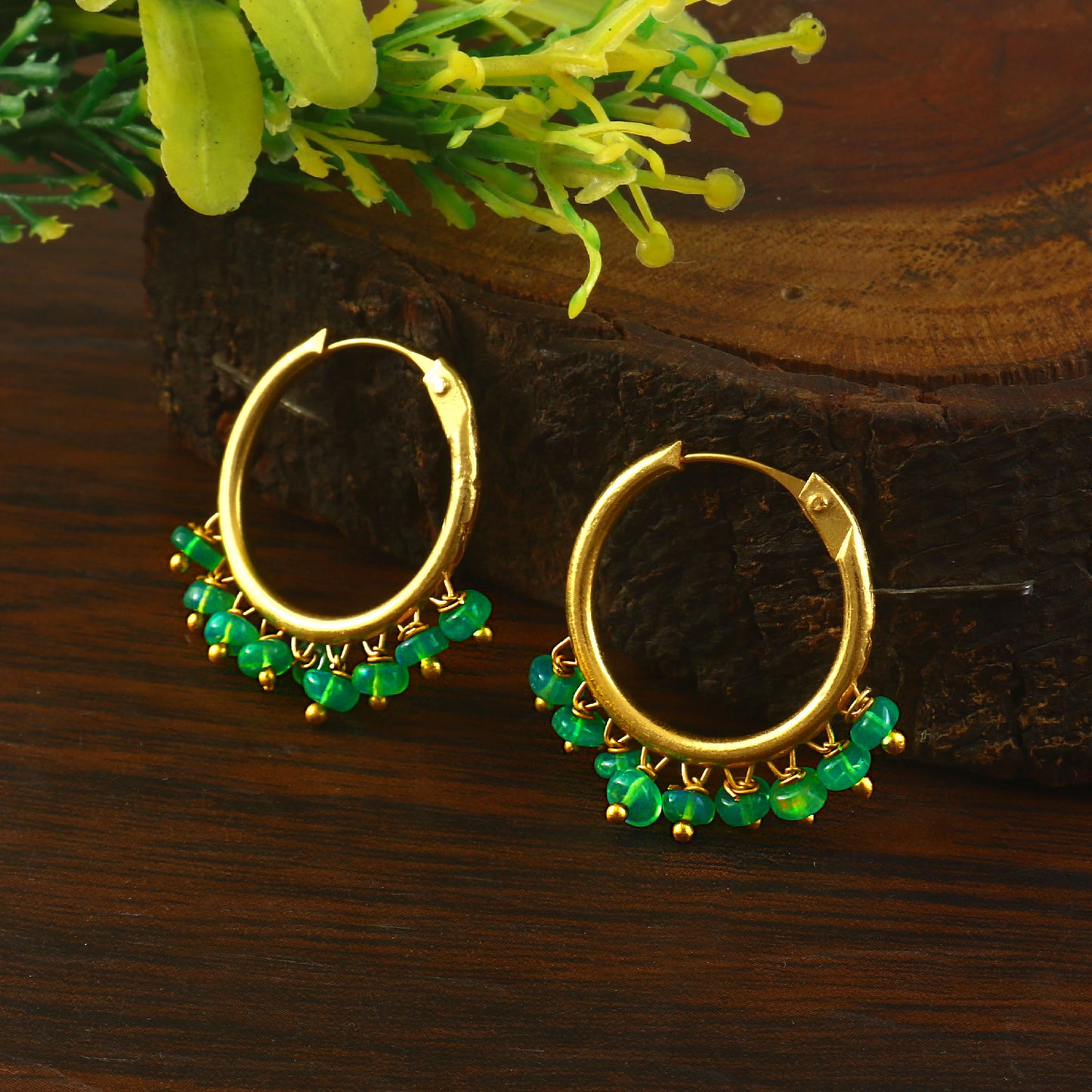 Natural Green Opal Gemstone Bead Drop Hoop Earrings – Handmade Jewelry