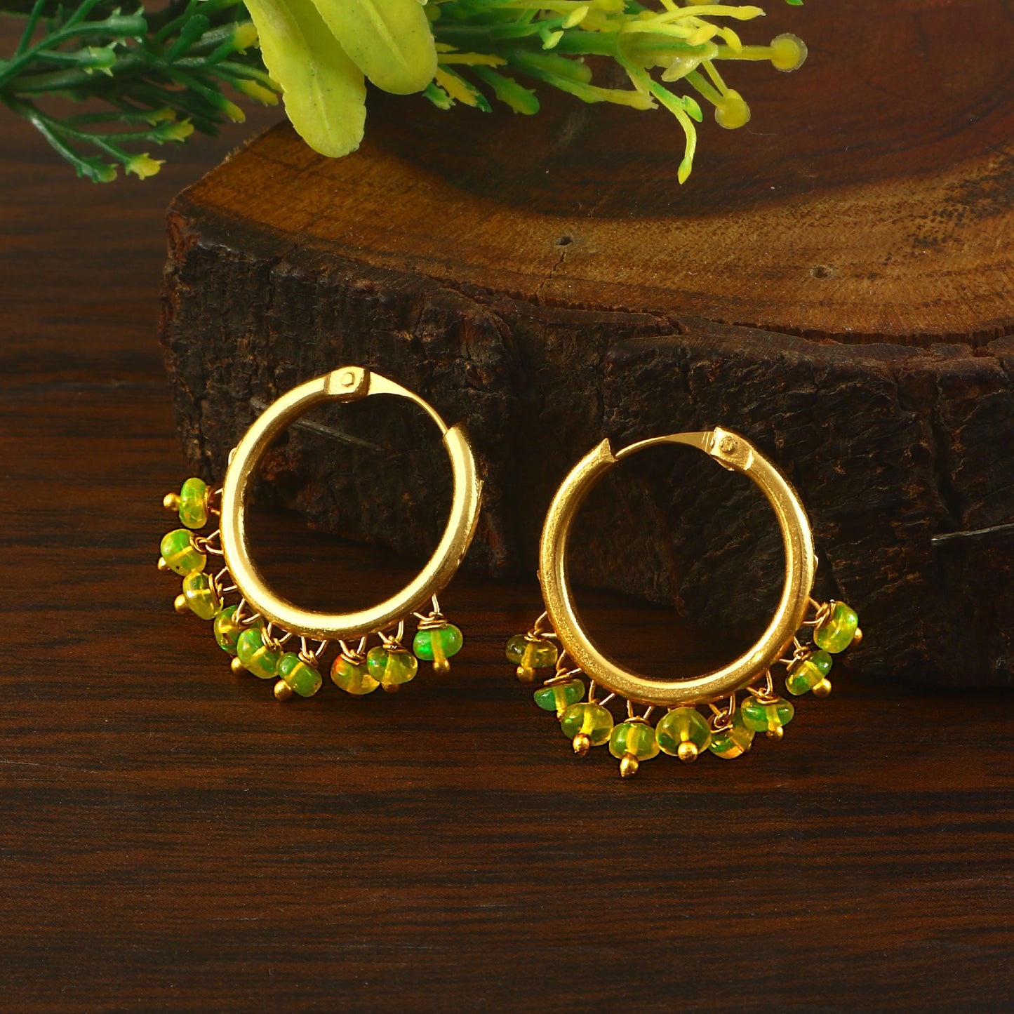 Natural Green Opal Gemstone Bead Drop Hoop Earrings – Handmade Jewelry