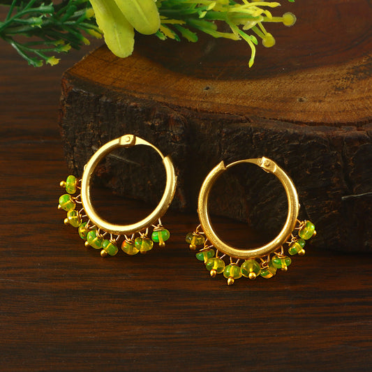 Natural Green Opal Gemstone Bead Drop Hoop Earrings – Handmade Jewelry