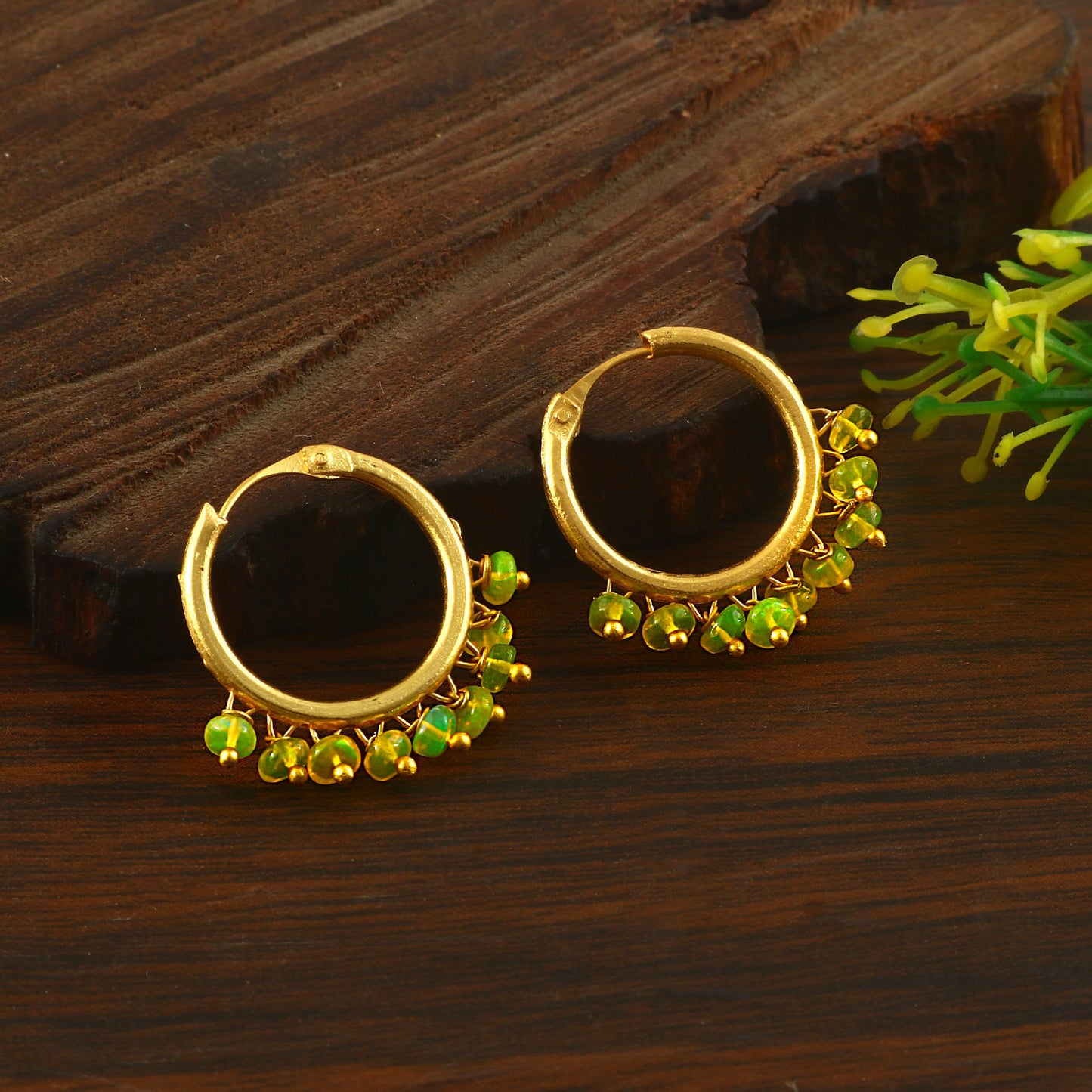 Natural Green Opal Gemstone Bead Drop Hoop Earrings – Handmade Jewelry