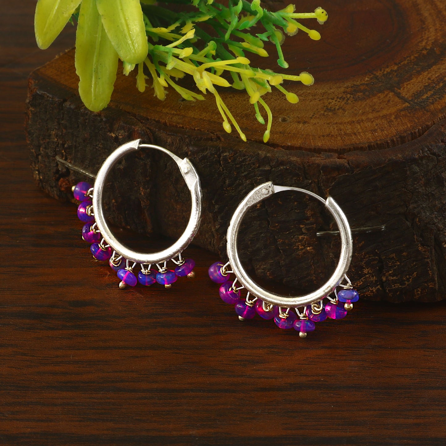 Handmade Silver Hoop Earrings with Purple Opal Beads ,Boho Dangle Hoop Earrings , Artisan Gemstone Jewelry