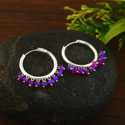 Handmade Silver Hoop Earrings with Purple Opal Beads ,Boho Dangle Hoop Earrings , Artisan Gemstone Jewelry