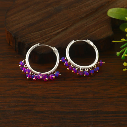 Handmade Silver Hoop Earrings with Purple Opal Beads ,Boho Dangle Hoop Earrings , Artisan Gemstone Jewelry