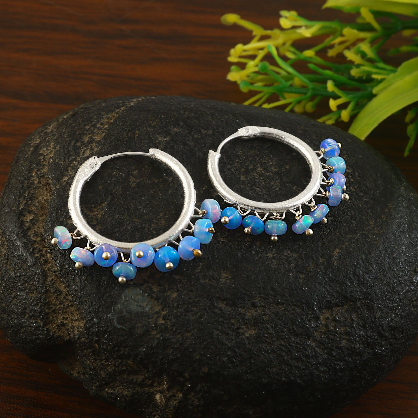 Natural Ethiopian Blue Opal Handmade Silver Hoop Earrings .