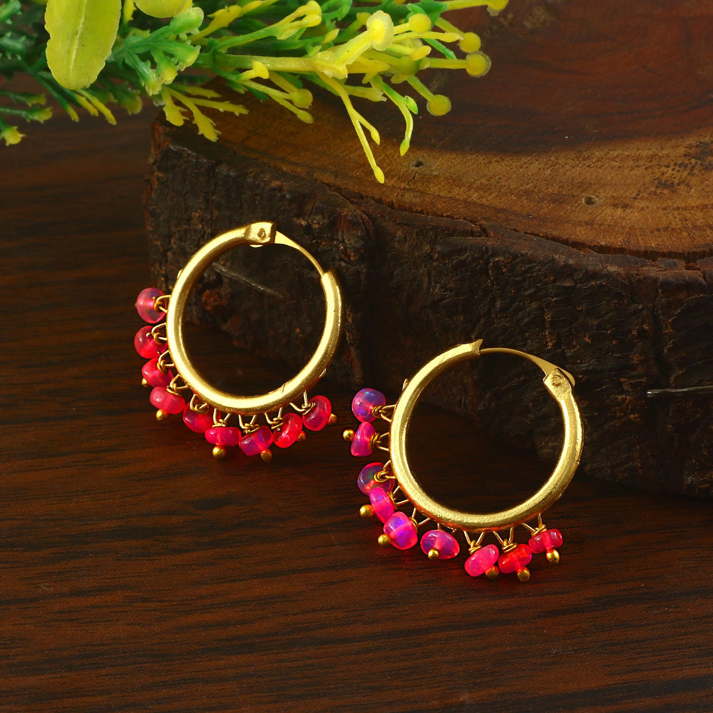 Natural Pink Opal Earring, 925 Sterling Silver & Gold Vermeil, Minimalist Statement, Artisan Dangle Hoops.