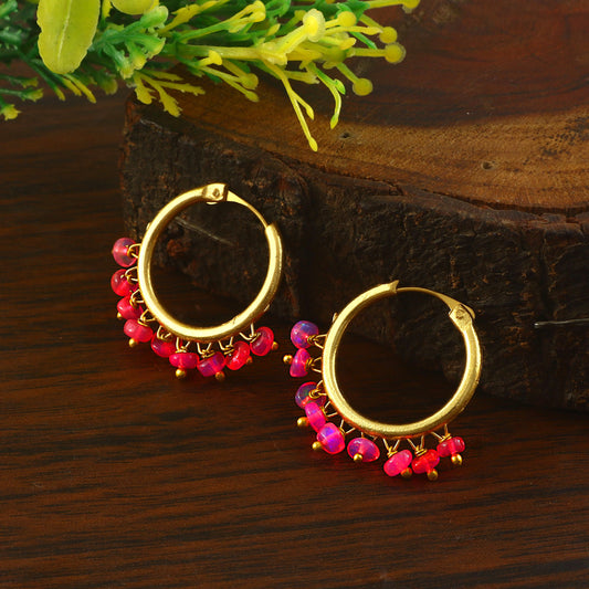 Natural Pink Opal Earring, 925 Sterling Silver & Gold Vermeil, Minimalist Statement, Artisan Dangle Hoops.