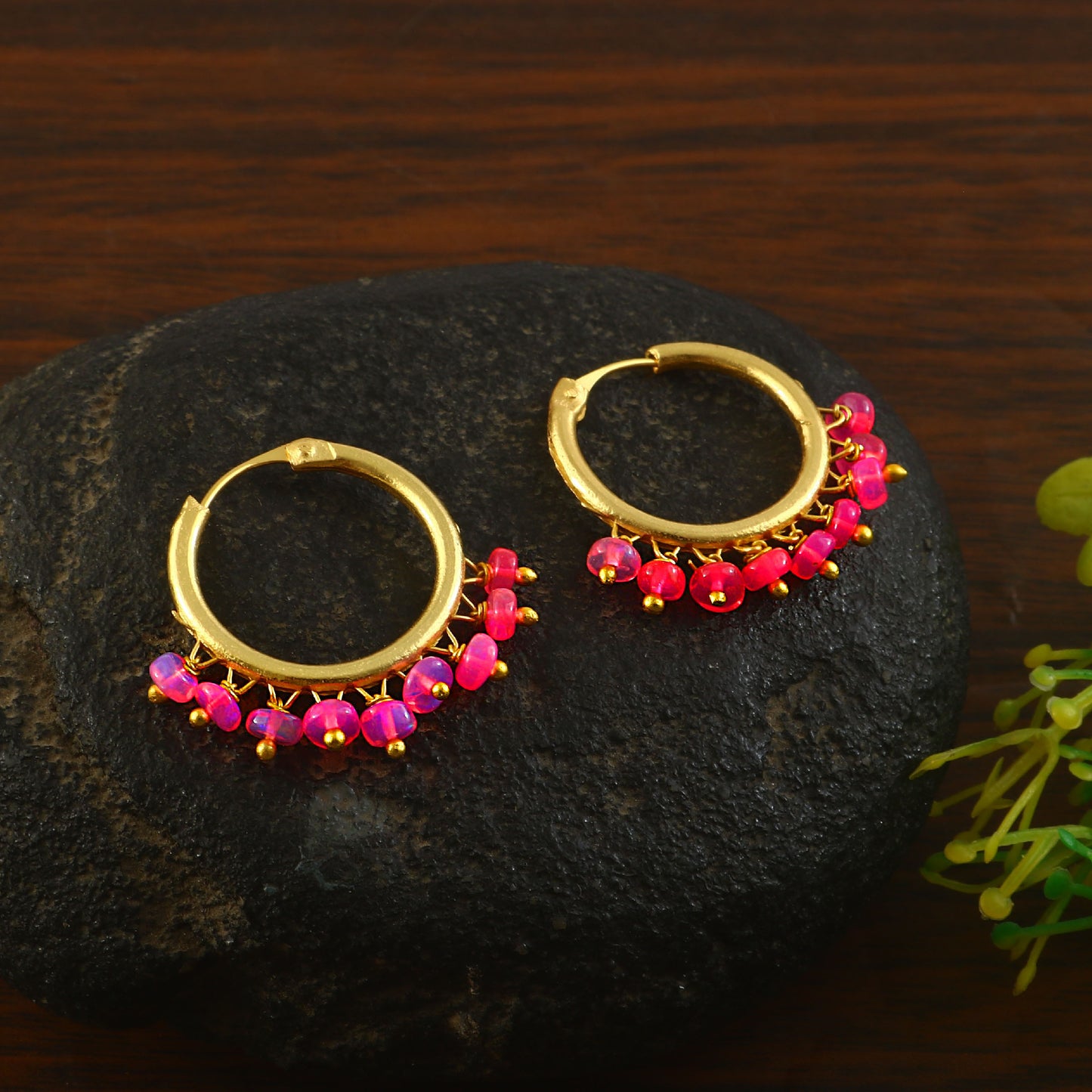 Natural Pink Opal Earring, 925 Sterling Silver & Gold Vermeil, Minimalist Statement, Artisan Dangle Hoops.