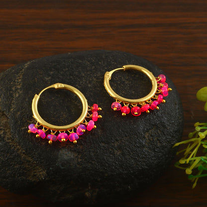 Natural Pink Opal Earring, 925 Sterling Silver & Gold Vermeil, Minimalist Statement, Artisan Dangle Hoops.