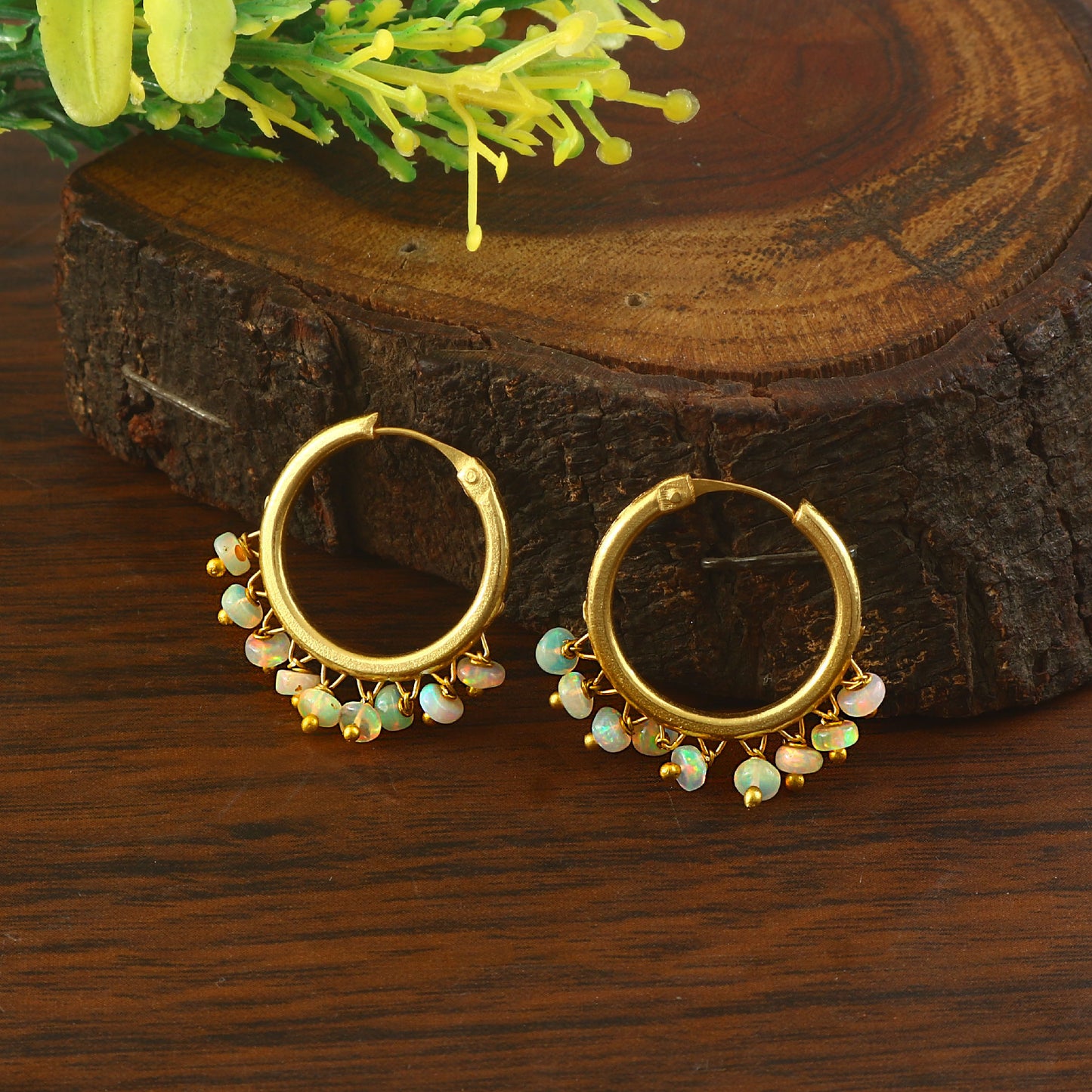 Handmade Sterling Silver & Gold vermeil Hoop Earrings with White Opal Bead and green fire