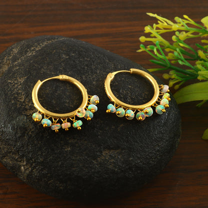 Handmade Sterling Silver & Gold vermeil Hoop Earrings with White Opal Bead and green fire