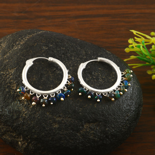 Silver Boho Beaded Hoop Earrings with Black Fire Opal Charms | Festive Dangle Hoops