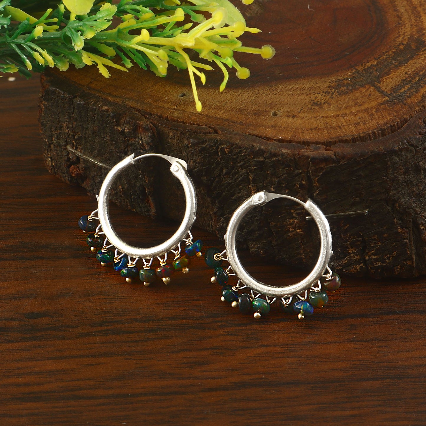 Silver Boho Beaded Hoop Earrings with Black Fire Opal Charms | Festive Dangle Hoops