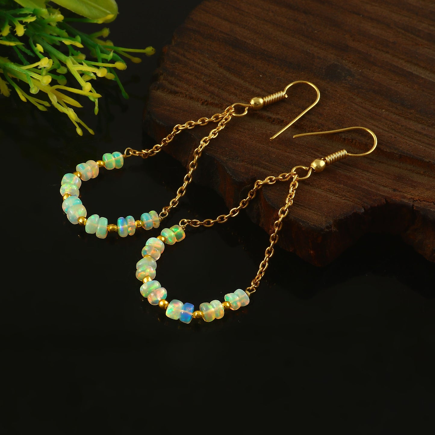Natural Ethiopian Opal Dangle Earrings (Gold) | Handmade Jewelry