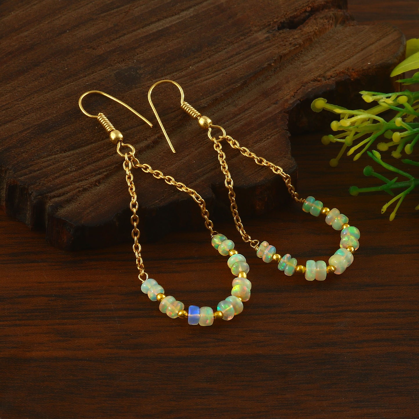 Natural Ethiopian Opal Dangle Earrings (Gold) | Handmade Jewelry