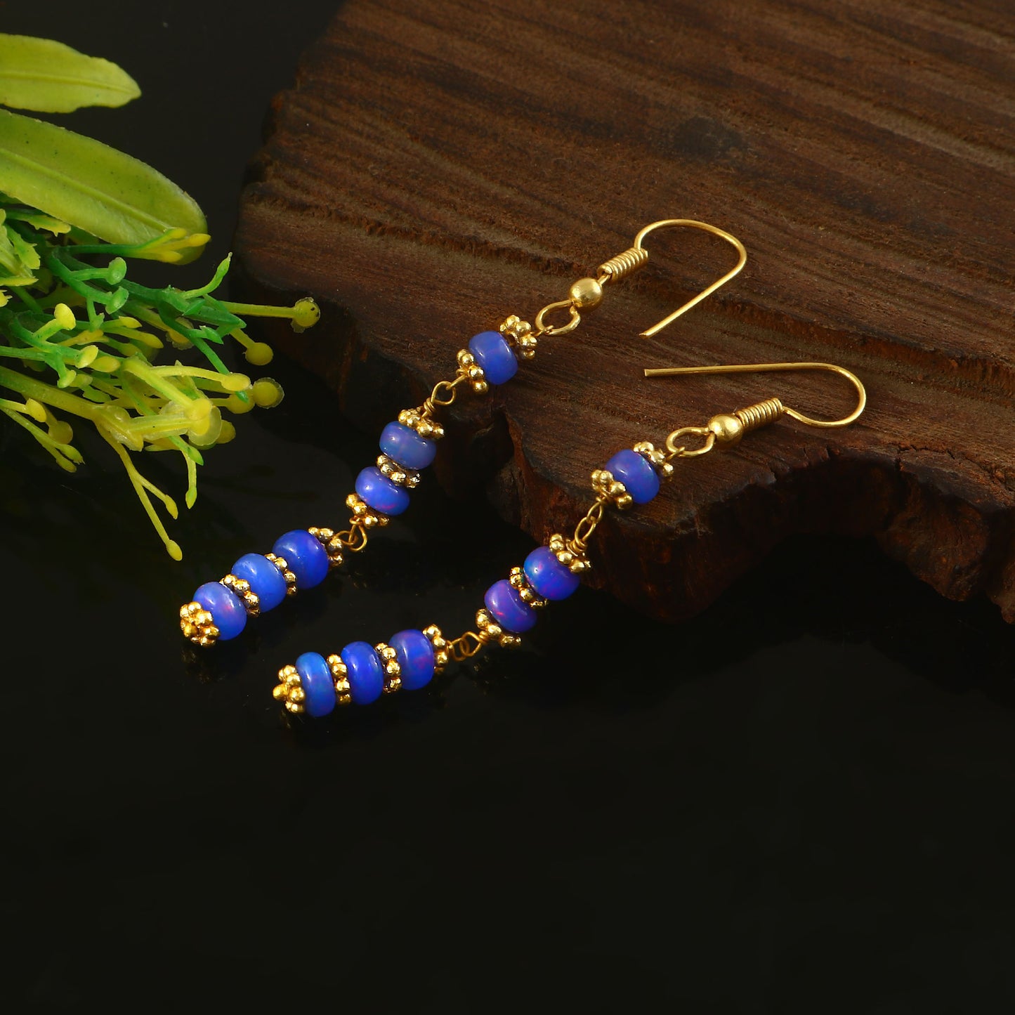 Handmade Blue Opal Dangle Earrings - Gold-Tone Beaded Jewelry