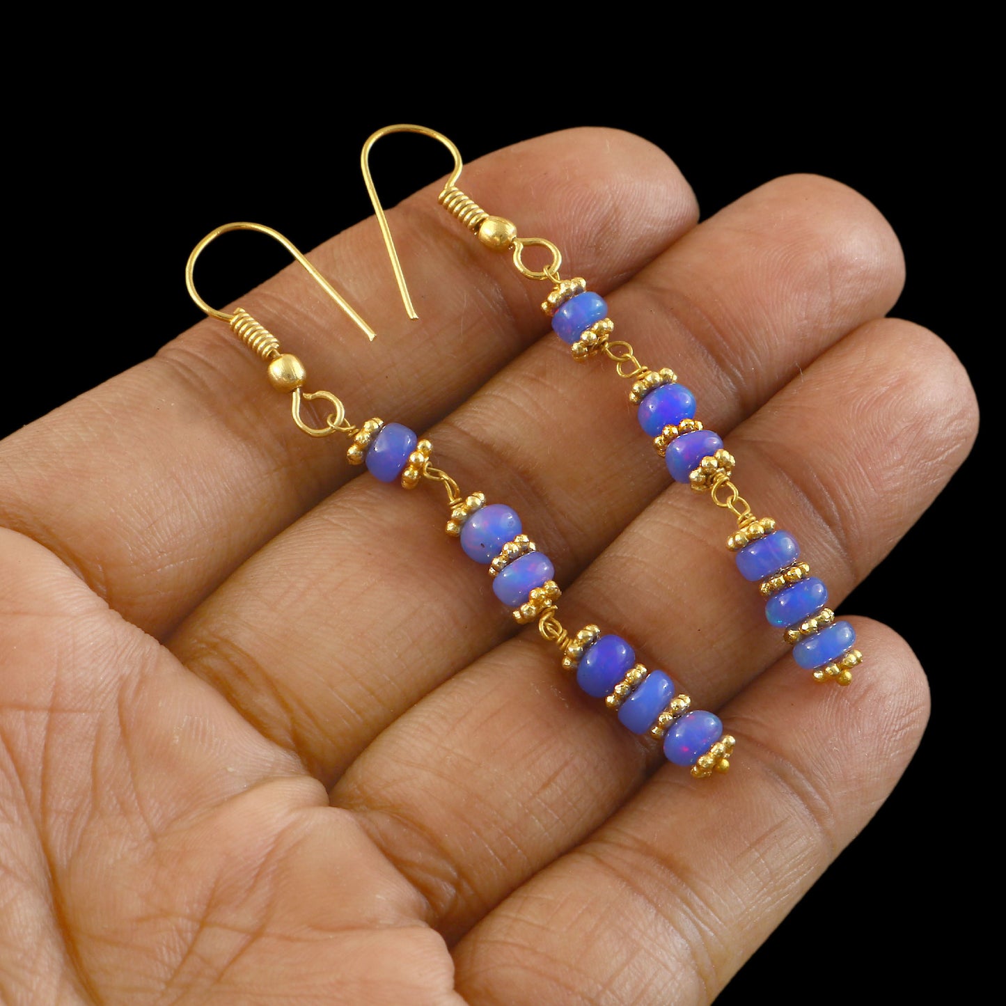 Handmade Blue Opal Dangle Earrings - Gold-Tone Beaded Jewelry