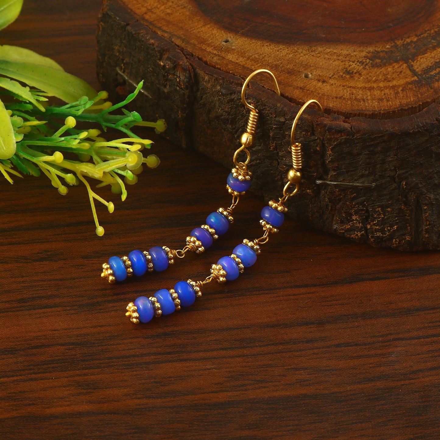 Handmade Blue Opal Dangle Earrings - Gold-Tone Beaded Jewelry