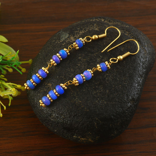 Handmade Blue Opal Dangle Earrings - Gold-Tone Beaded Jewelry