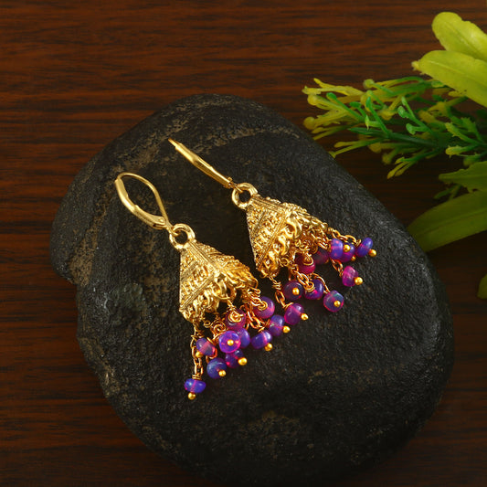 Handmade Natural Purple Opal Beads Earrings, (Gold) Tribal Dangle Styele