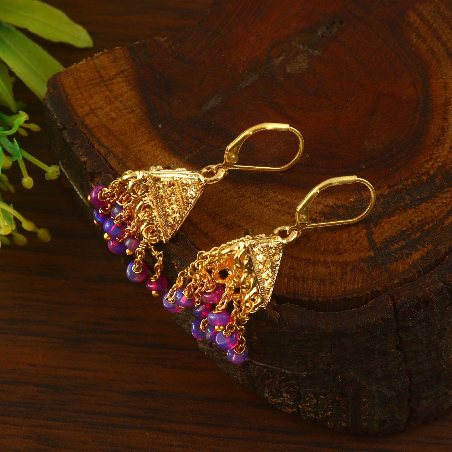 Handmade Natural Purple Opal Beads Earrings, (Gold) Tribal Dangle Styele