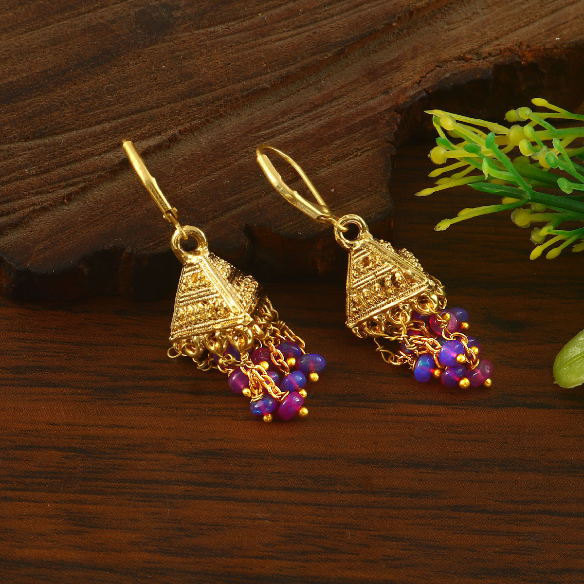 Handmade Natural Purple Opal Beads Earrings, (Gold) Tribal Dangle Styele