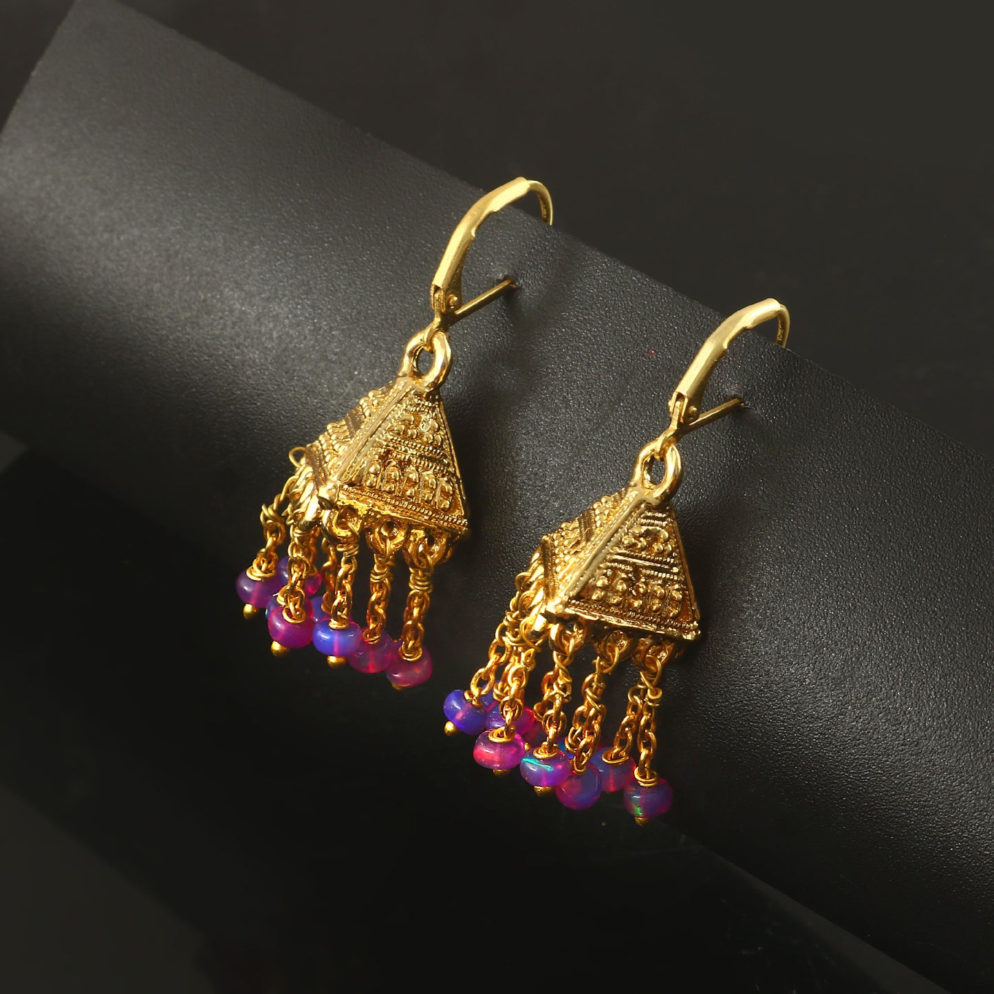 Handmade Natural Purple Opal Beads Earrings, (Gold) Tribal Dangle Styele
